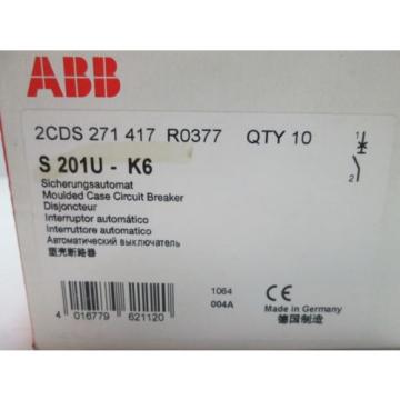 New Box of 10 ABB S201U-K6 Circuit Breakers, 1-Pole, Rating: 240VAC 6A