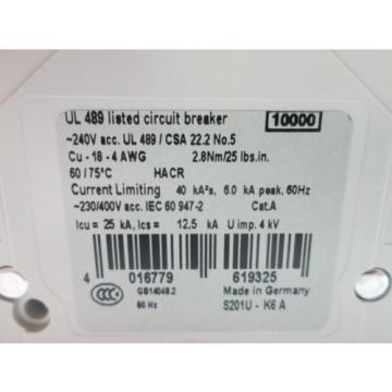 New Box of 10 ABB S201U-K6 Circuit Breakers, 1-Pole, Rating: 240VAC 6A