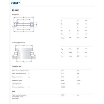 SKF Thrust Ball Bearing 51103 Thrust Ball Bearing Single Direction 17 x 30 x 9 mm 2,563 Lb Cap New