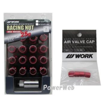 WORK Open End Racing Lock Nuts 12x1.25 And 4pcs Air Valve Caps Red Value Set