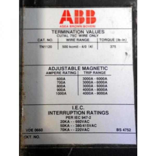 1 USED ABB MG-8685 CIRCUIT BREAKER 900A TN1120 3-POLE #3 image