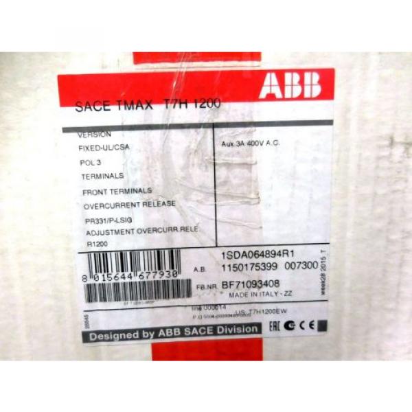 NEW BOXED ABB Sace T7H1200EW 1200 Amp 3 Pole PR331/P-LSIG 1SDA064894R1 FREE SHIP #1 image