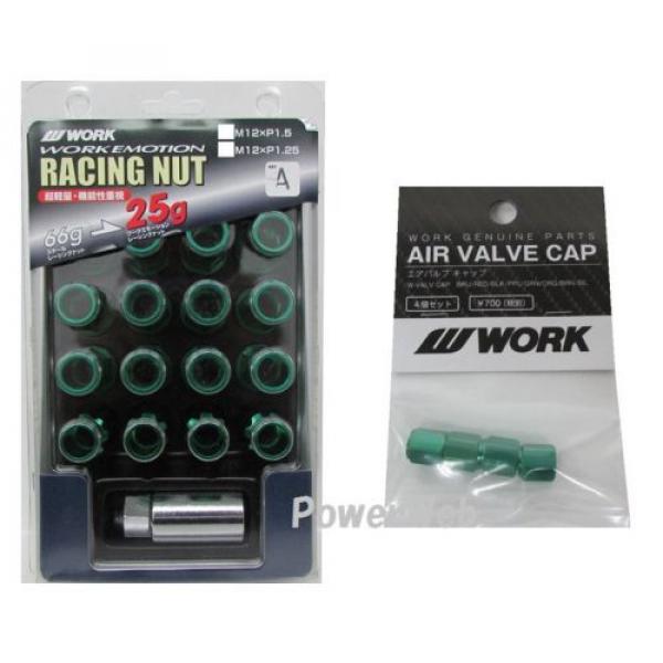 WORK Open End Racing Lock Nuts 12x1.5 And 4pcs Air Valve Caps Green Value Set #1 image